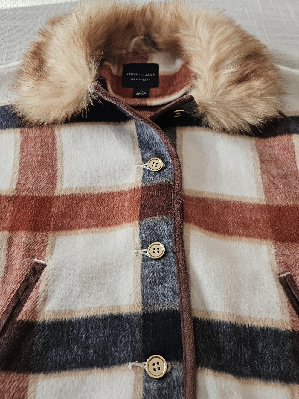 Janie and Jack Plaid Poncho Cape Coat Faux Fur Collar 2T Rust Brown Cream - Picture 3 of 13